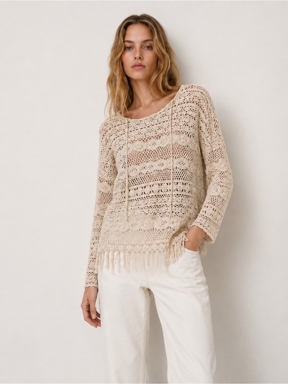 Copper Key Crochet Floral Boho Sweater Beige Open Knit Cottagecore Top Size S